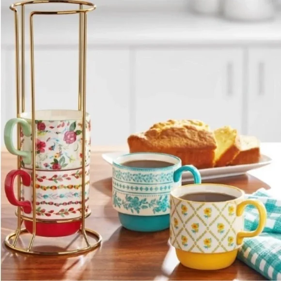 The Pioneer Woman Ditsy with 4 Stacking Stoneware Mugs, with storage rack - Picture 1 of 8